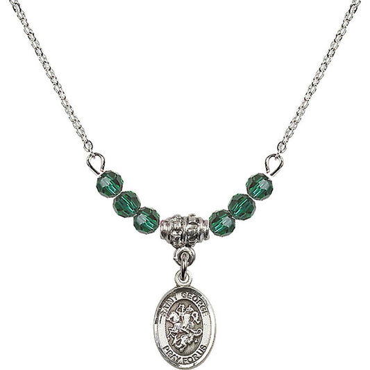 Sterling Silver Saint George Birthstone Necklace with Emerald Beads - 9040
