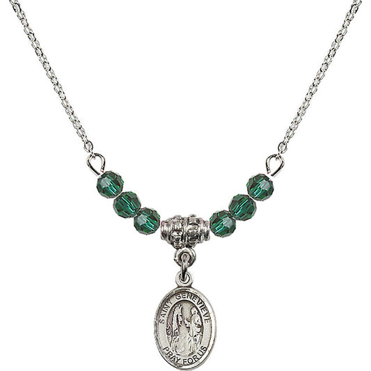 Sterling Silver Saint Genevieve Birthstone Necklace with Emerald Beads - 9041