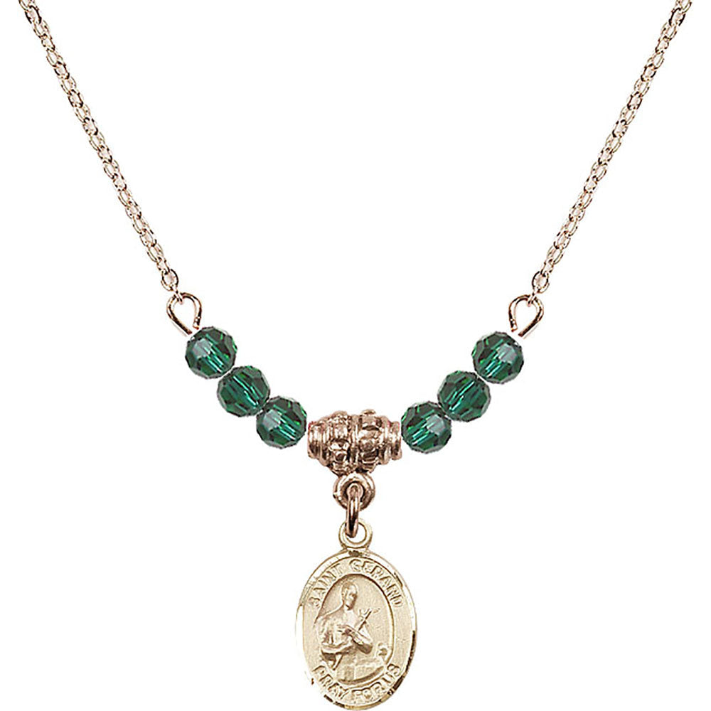 14kt Gold Filled Saint Gerard Majella Birthstone Necklace with Emerald Beads - 9042