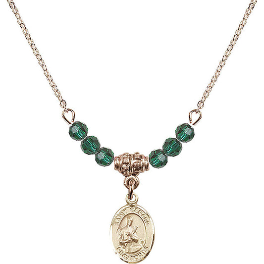 14kt Gold Filled Saint Gerard Majella Birthstone Necklace with Emerald Beads - 9042