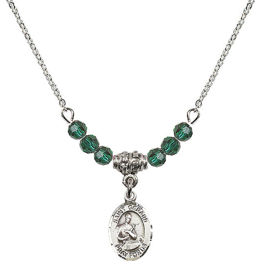 Sterling Silver Saint Gerard Majella Birthstone Necklace with Emerald Beads - 9042