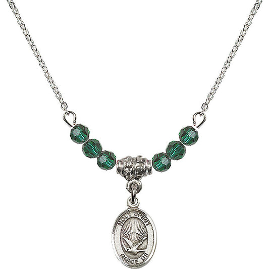 Sterling Silver Holy Spirit Birthstone Necklace with Emerald Beads - 9044