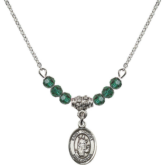 Sterling Silver Saint Hubert of Liege Birthstone Necklace with Emerald Beads - 9045
