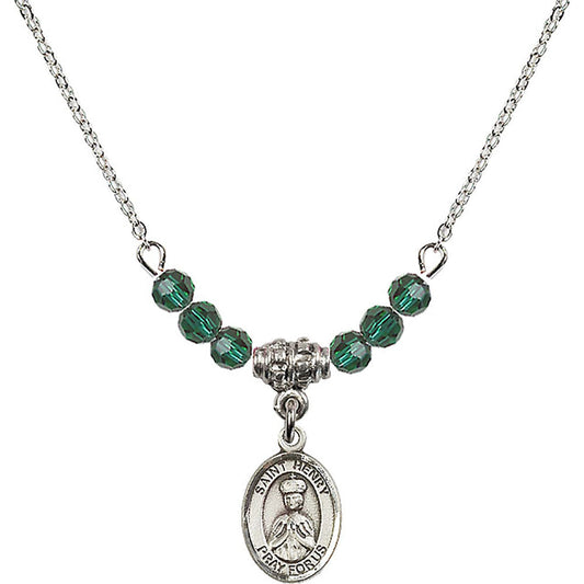 Sterling Silver Saint Henry II Birthstone Necklace with Emerald Beads - 9046