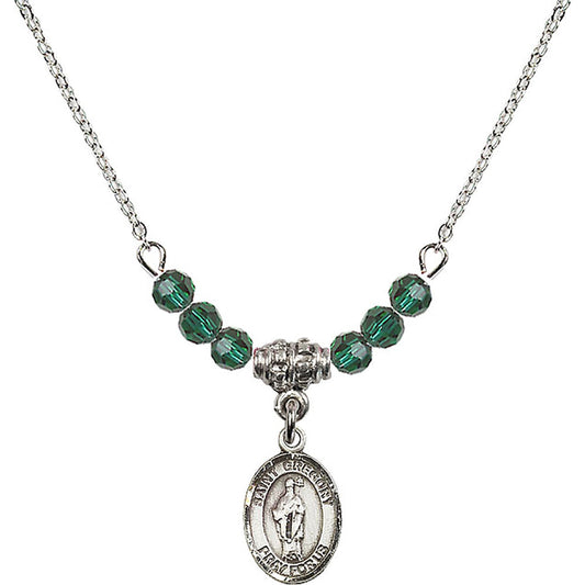 Sterling Silver Saint Gregory the Great Birthstone Necklace with Emerald Beads - 9048