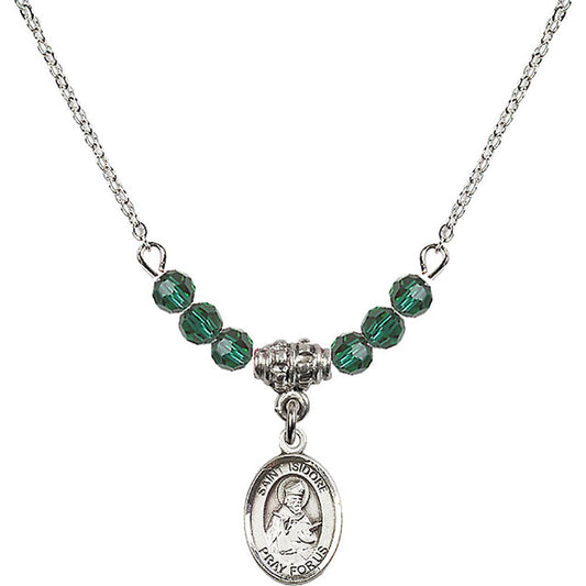 Sterling Silver Saint Isidore of Seville Birthstone Necklace with Emerald Beads - 9049