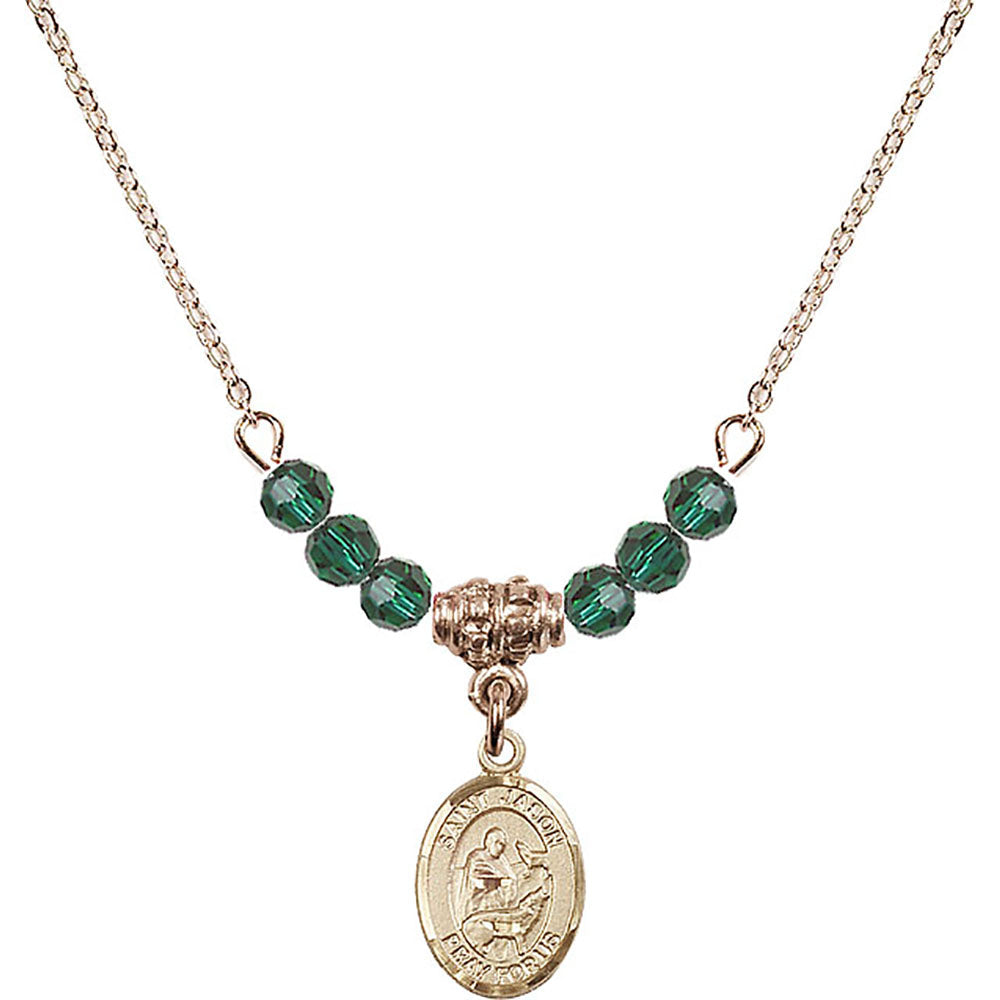 14kt Gold Filled Saint Jason Birthstone Necklace with Emerald Beads - 9051