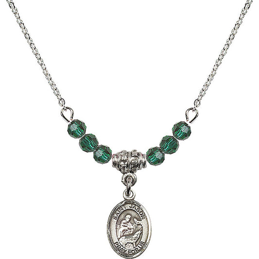 Sterling Silver Saint Jason Birthstone Necklace with Emerald Beads - 9051