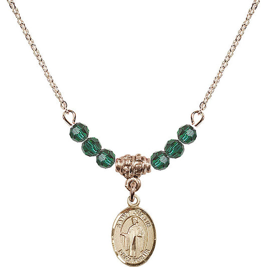 14kt Gold Filled Saint Justin Birthstone Necklace with Emerald Beads - 9052