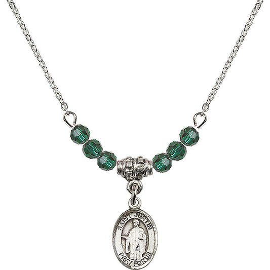 Sterling Silver Saint Justin Birthstone Necklace with Emerald Beads - 9052