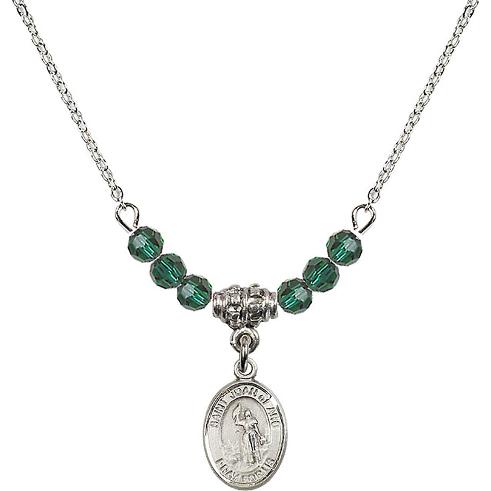 Sterling Silver Saint Joan of Arc Birthstone Necklace with Emerald Beads - 9053