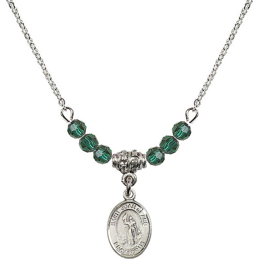 Sterling Silver Saint Joan of Arc Birthstone Necklace with Emerald Beads - 9053