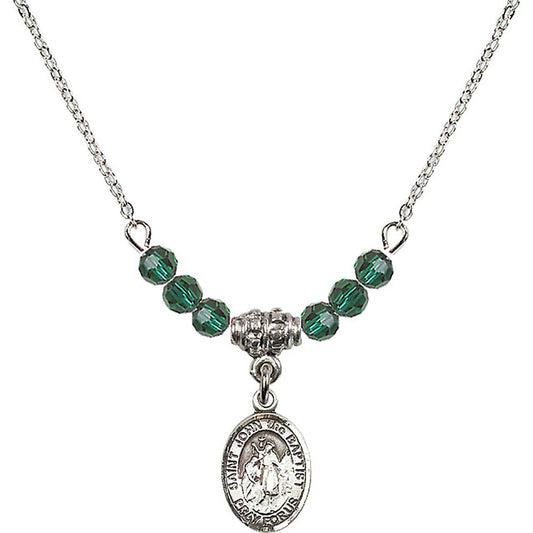 Sterling Silver Saint John the Baptist Birthstone Necklace with Emerald Beads - 9054