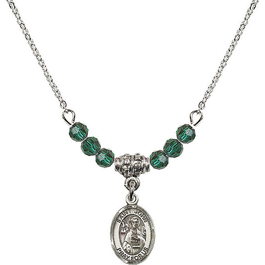 Sterling Silver Saint John the Apostle Birthstone Necklace with Emerald Beads - 9056