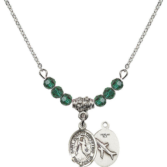 Sterling Silver Saint Joseph of Cupertino Birthstone Necklace with Emerald Beads - 9057