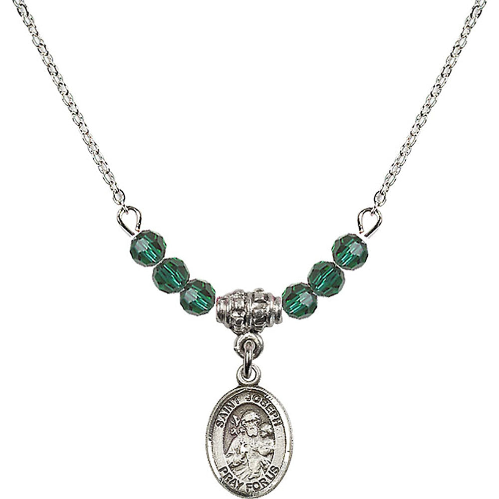 Sterling Silver Saint Joseph Birthstone Necklace with Emerald Beads - 9058