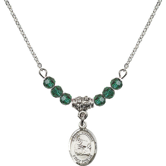 Sterling Silver Saint Joshua Birthstone Necklace with Emerald Beads - 9059