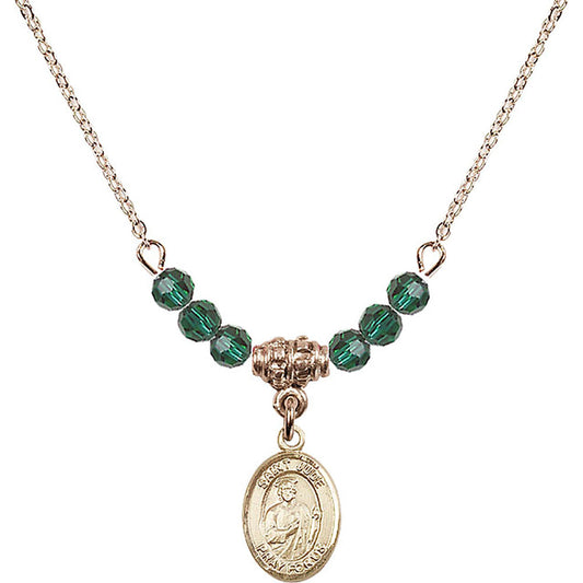 14kt Gold Filled Saint Jude Thaddeus Birthstone Necklace with Emerald Beads - 9060