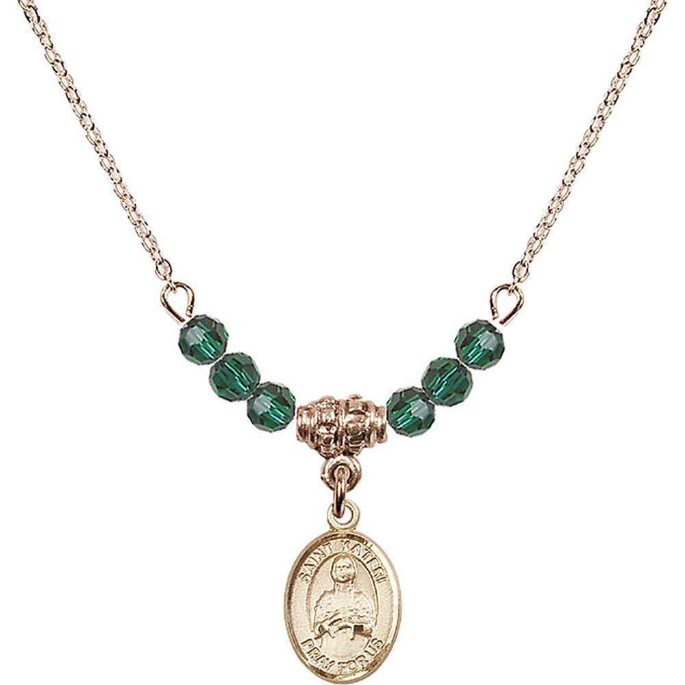 14kt Gold Filled Saint Kateri Tekakwitha Birthstone Necklace with Emerald Beads - 9061