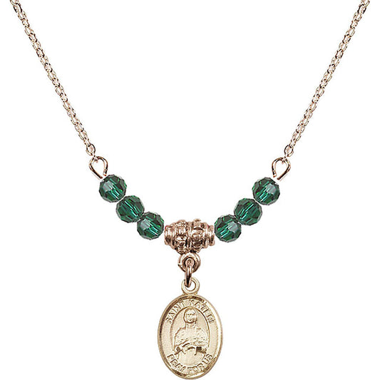 14kt Gold Filled Saint Kateri Tekakwitha Birthstone Necklace with Emerald Beads - 9061