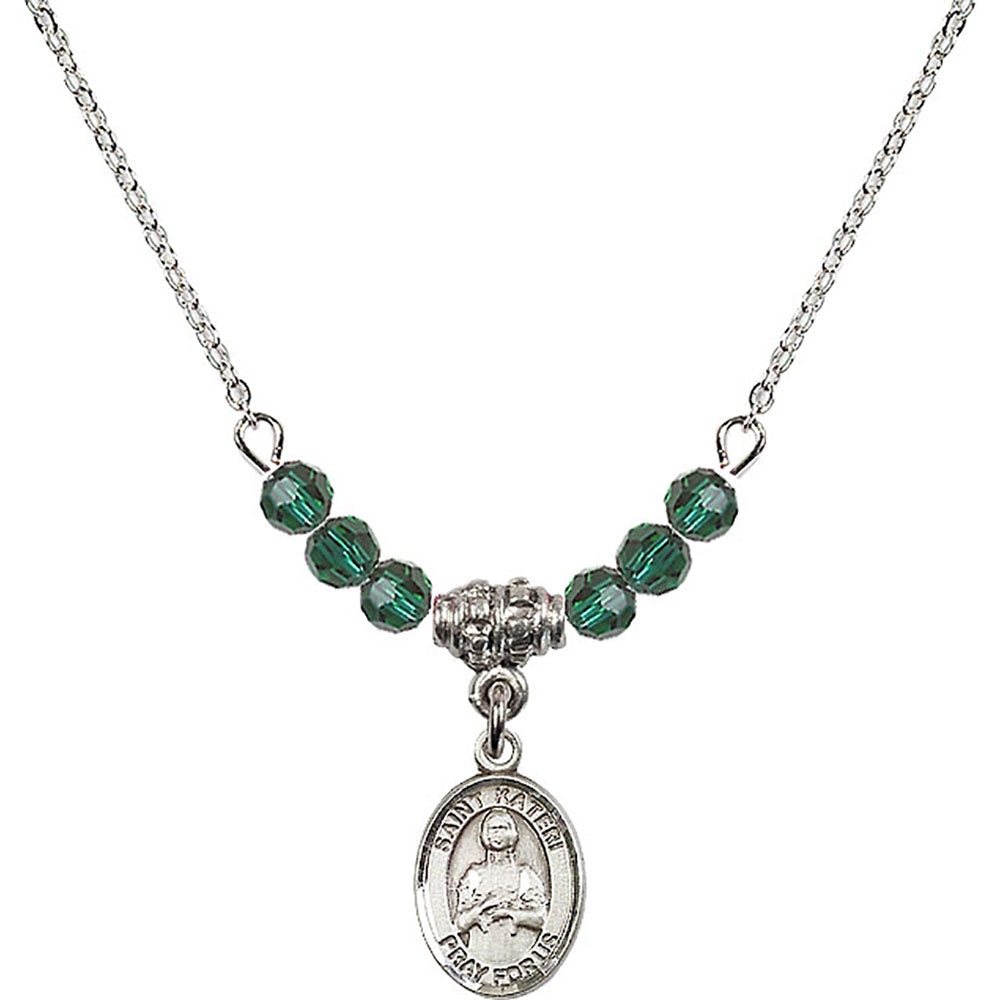 Sterling Silver Saint Kateri Tekakwitha Birthstone Necklace with Emerald Beads - 9061
