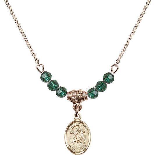 14kt Gold Filled Saint Kevin Birthstone Necklace with Emerald Beads - 9062