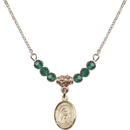14kt Gold Filled Saint Louise de Marillac Birthstone Necklace with Emerald Beads - 9064