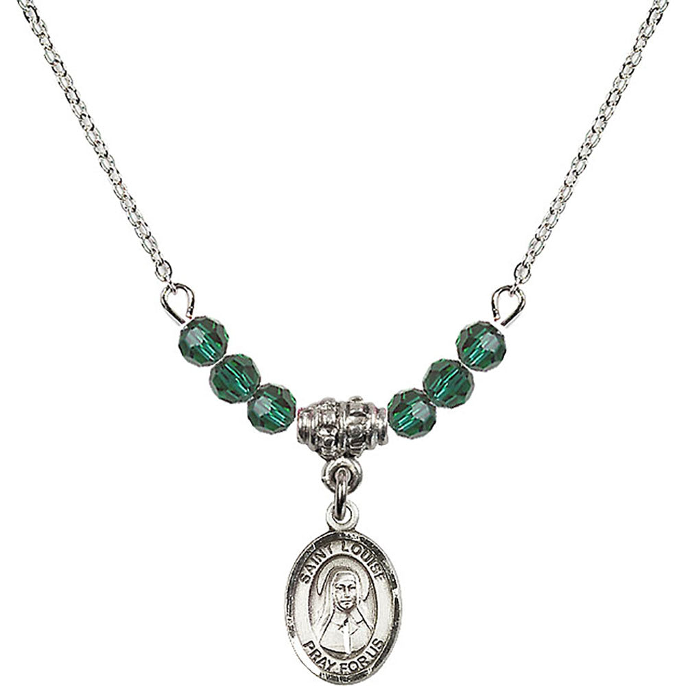 Sterling Silver Saint Louise de Marillac Birthstone Necklace with Emerald Beads - 9064