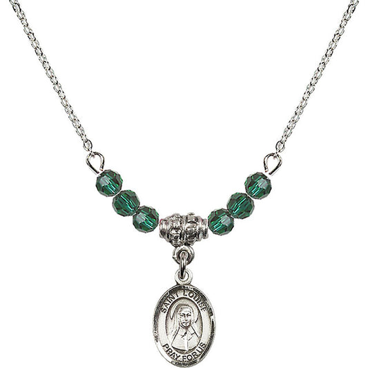 Sterling Silver Saint Louise de Marillac Birthstone Necklace with Emerald Beads - 9064