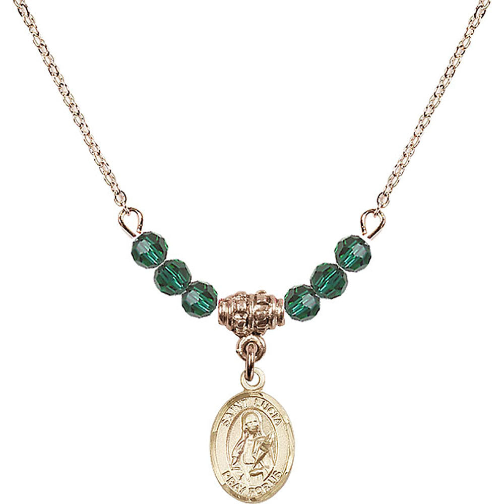 14kt Gold Filled Saint Lucia of Syracuse Birthstone Necklace with Emerald Beads - 9065