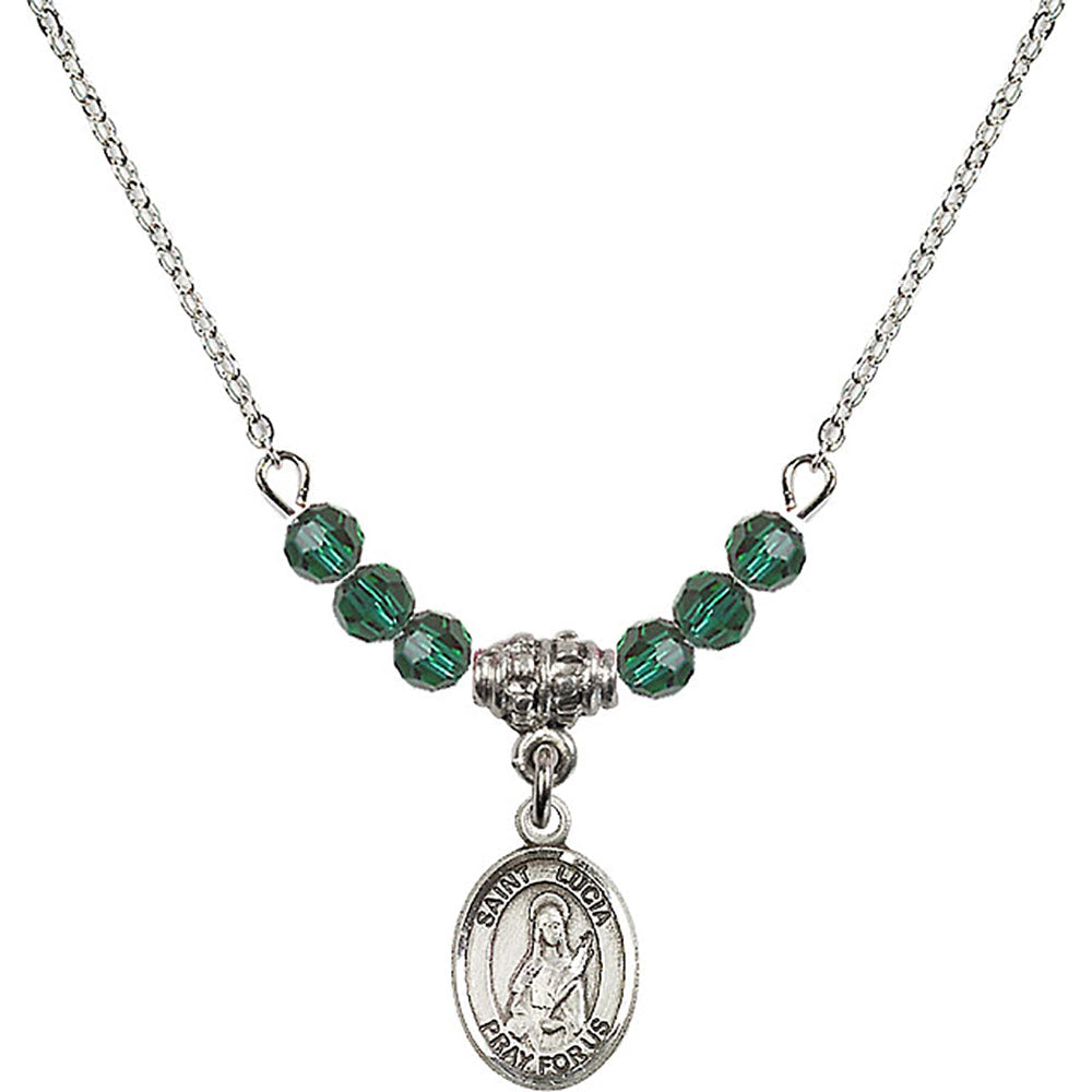 Sterling Silver Saint Lucia of Syracuse Birthstone Necklace with Emerald Beads - 9065