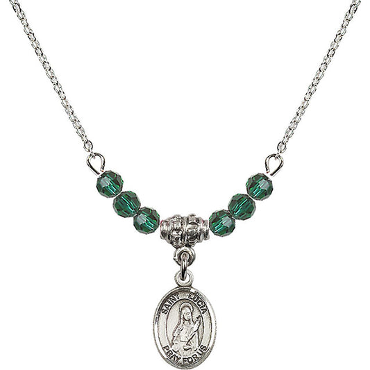 Sterling Silver Saint Lucia of Syracuse Birthstone Necklace with Emerald Beads - 9065