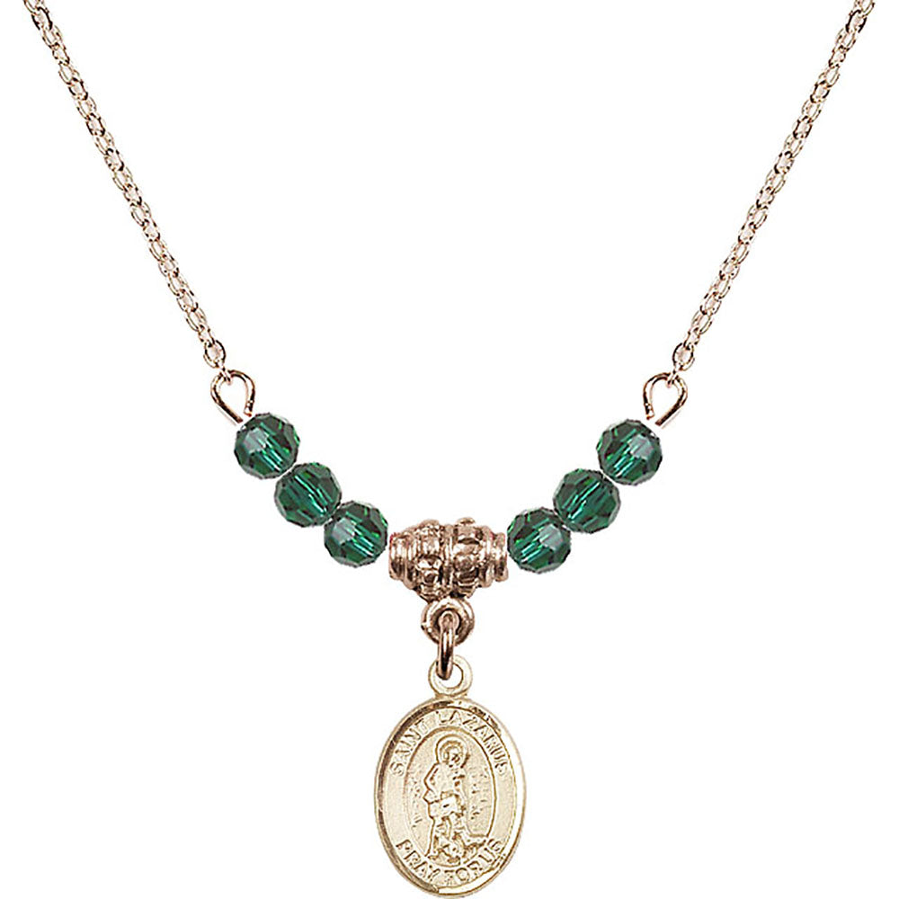 14kt Gold Filled Saint Lazarus Birthstone Necklace with Emerald Beads - 9066