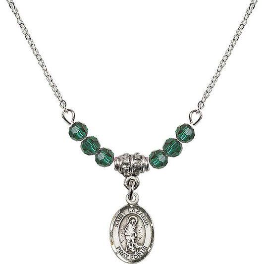 Sterling Silver Saint Lazarus Birthstone Necklace with Emerald Beads - 9066