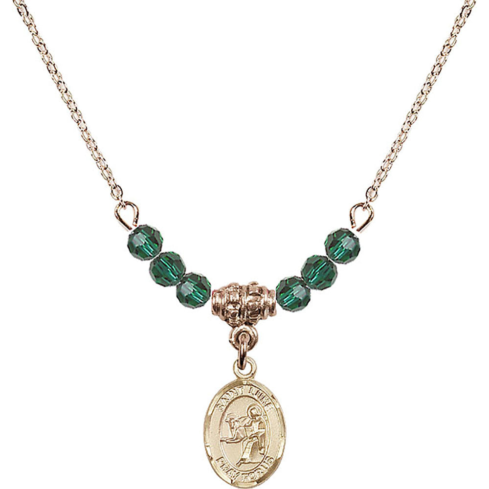 14kt Gold Filled Saint Luke the Apostle Birthstone Necklace with Emerald Beads - 9068