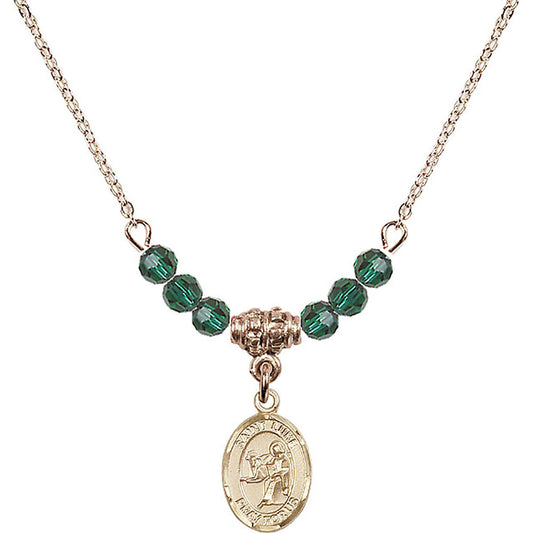 14kt Gold Filled Saint Luke the Apostle Birthstone Necklace with Emerald Beads - 9068