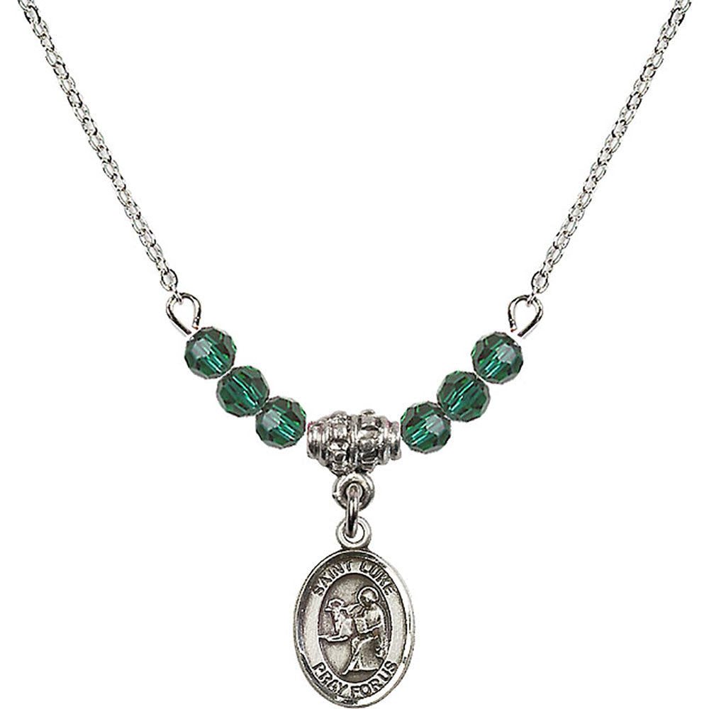 Sterling Silver Saint Luke the Apostle Birthstone Necklace with Emerald Beads - 9068