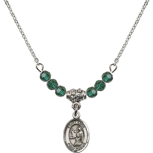 Sterling Silver Saint Luke the Apostle Birthstone Necklace with Emerald Beads - 9068