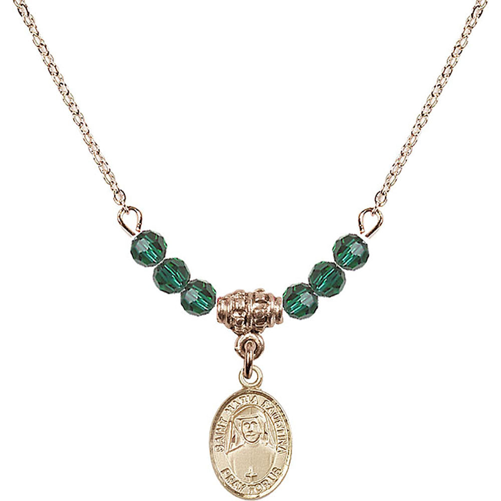14kt Gold Filled Saint Maria Faustina Birthstone Necklace with Emerald Beads - 9069