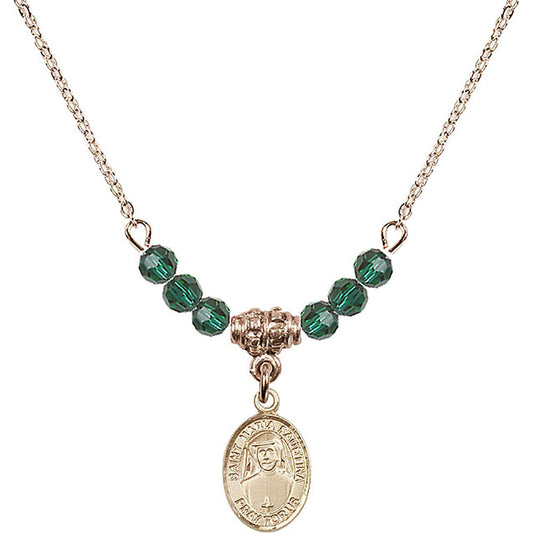 14kt Gold Filled Saint Maria Faustina Birthstone Necklace with Emerald Beads - 9069