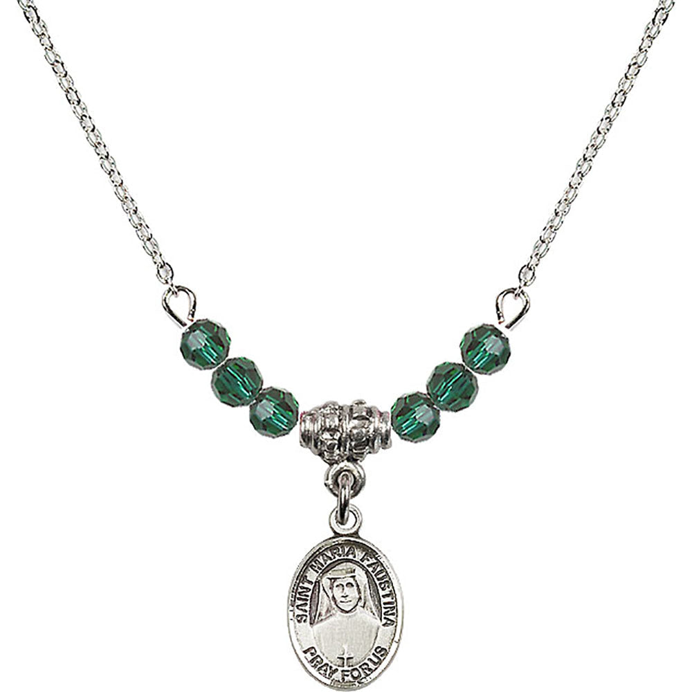 Sterling Silver Saint Maria Faustina Birthstone Necklace with Emerald Beads - 9069