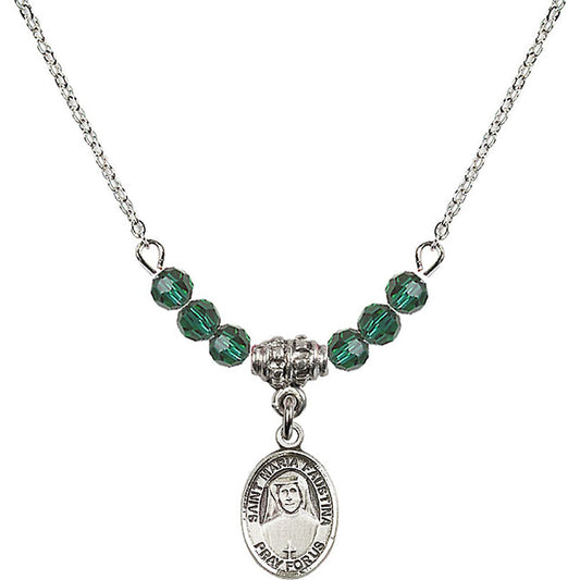 Sterling Silver Saint Maria Faustina Birthstone Necklace with Emerald Beads - 9069