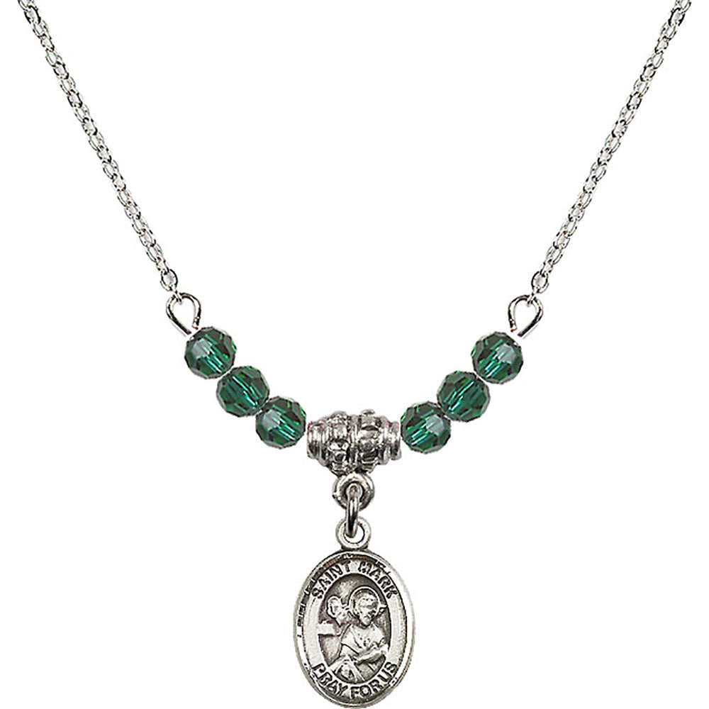 Sterling Silver Saint Mark the Evangelist Birthstone Necklace with Emerald Beads - 9070