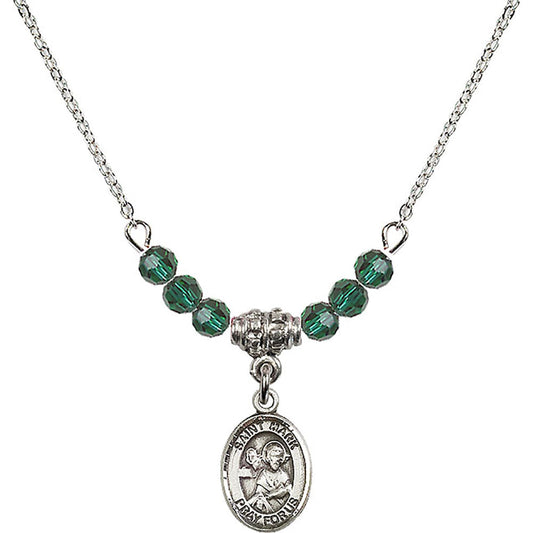 Sterling Silver Saint Mark the Evangelist Birthstone Necklace with Emerald Beads - 9070