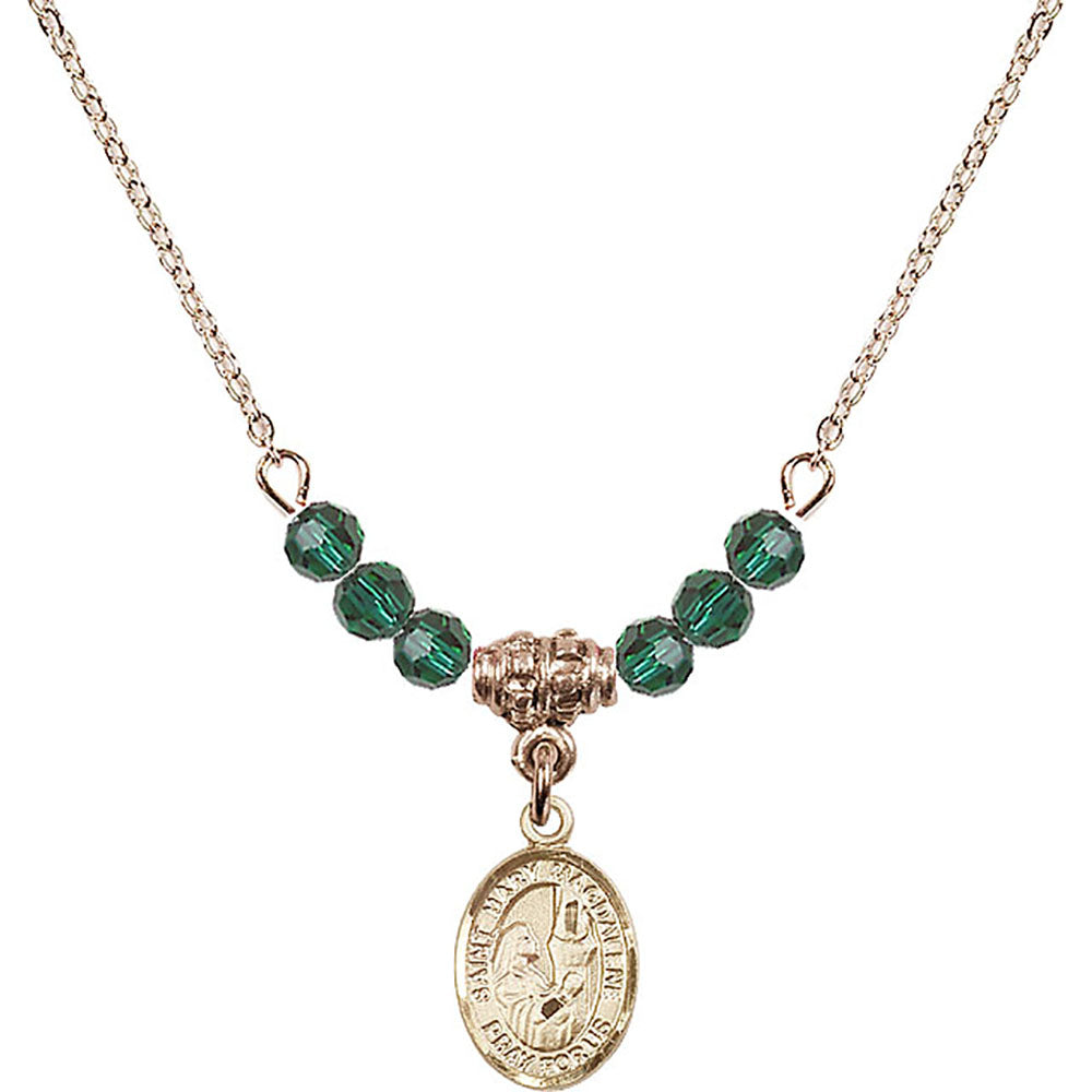 14kt Gold Filled Saint Mary Magdalene Birthstone Necklace with Emerald Beads - 9071