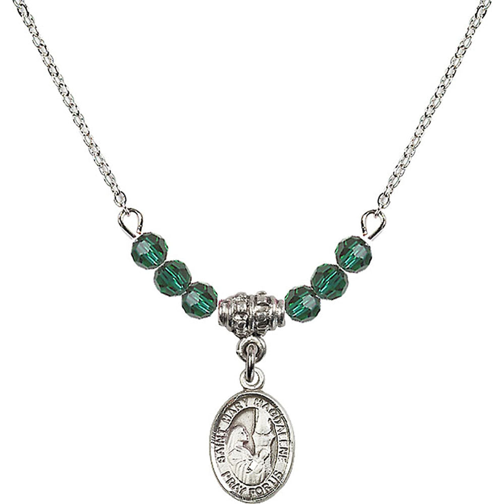 Sterling Silver Saint Mary Magdalene Birthstone Necklace with Emerald Beads - 9071