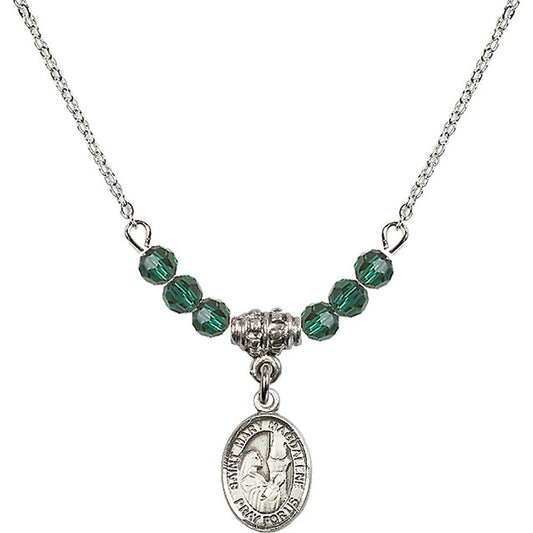 Sterling Silver Saint Mary Magdalene Birthstone Necklace with Emerald Beads - 9071