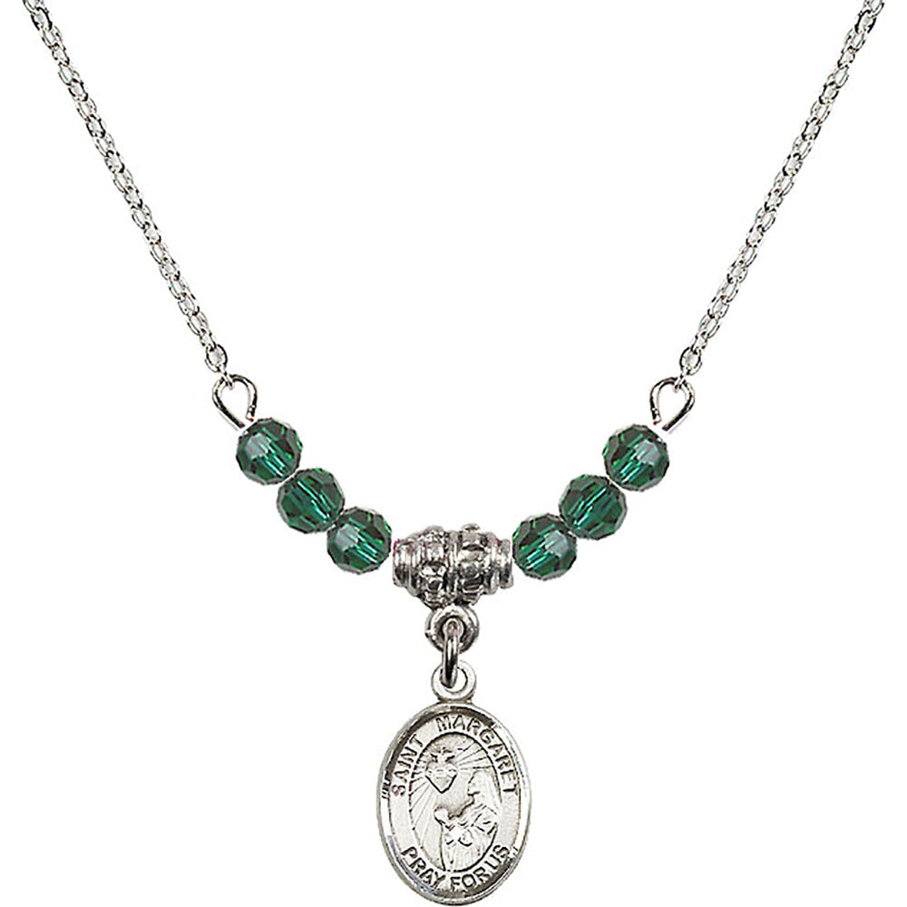 Sterling Silver Saint Margaret Mary Alacoque Birthstone Necklace with Emerald Beads - 9072