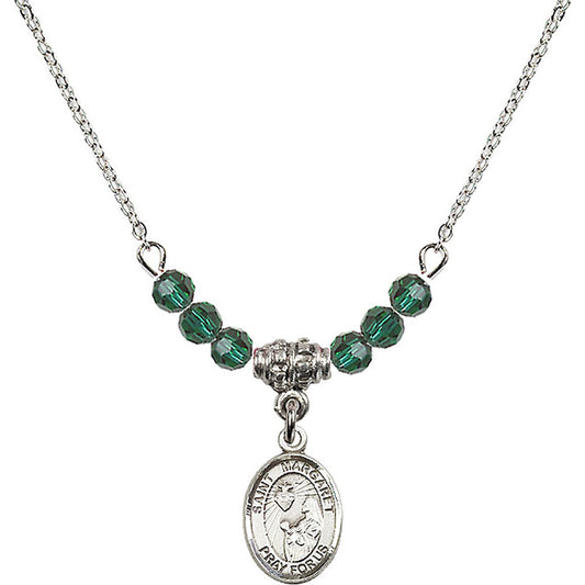 Sterling Silver Saint Margaret Mary Alacoque Birthstone Necklace with Emerald Beads - 9072