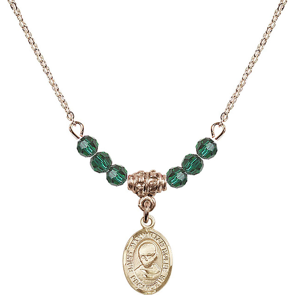 14kt Gold Filled Saint Maximilian Kolbe Birthstone Necklace with Emerald Beads - 9073